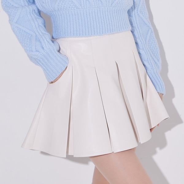 [JJA] 제이제인 와이드 플리츠 레더 스커트 Wide Pleats Leather Skirt (Ivory) J386SK02OW